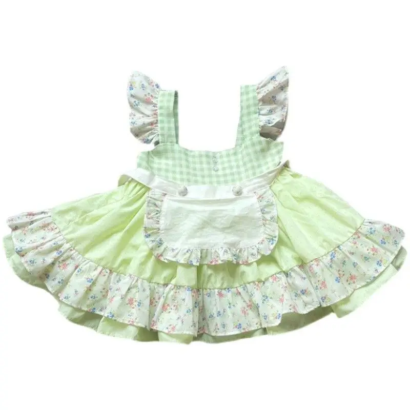 Платье принцессы в стиле Лолиты для девочек, Летнее платье, Детское Зеленое платье с цветочным рисунком, платье-пачка для маленьких девочек, Тонкое платье