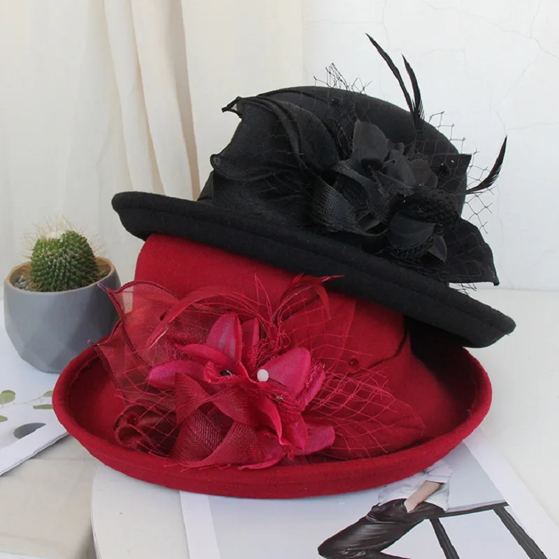 2021 Женская Теплая Шерстяная фетровая шляпа с цветами, Женская шляпа с широкими полями, осень-зима, Благородная Элегантная Модная Праздничная кепка для девочек, украшение