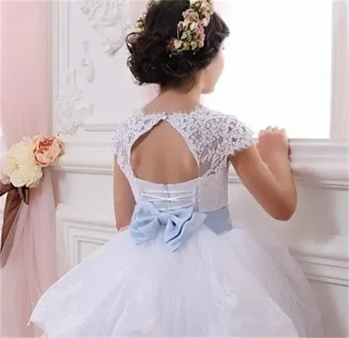 Платье в цветочек для девочки, белый пышный тюль, кружевной пояс с бантом, свадебный цветок, первый детский евхаристический бал, первое платье
